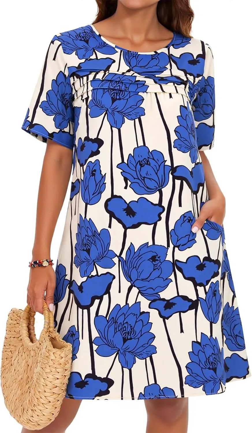 Wenrine Womens Summer Casual Floral Mini Dress Short Sleeve Pleated Front Loose Beach Tunic Dresses with Pockets