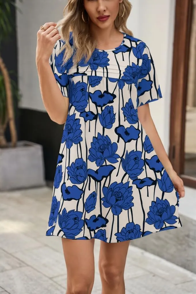 Wenrine Womens Summer Casual Floral Mini Dress Short Sleeve Pleated Front Loose Beach Tunic Dresses with Pockets