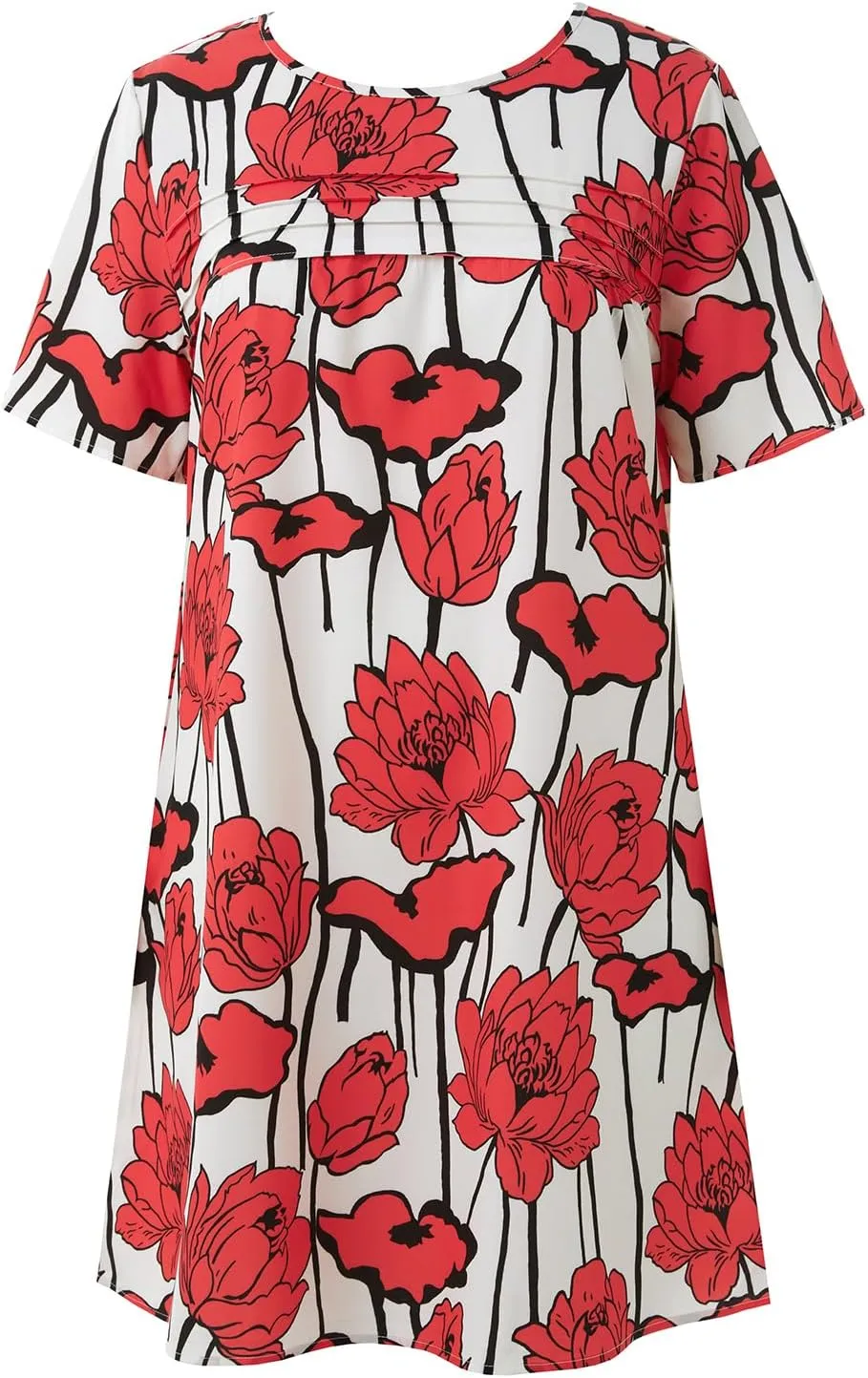 Wenrine Womens Summer Casual Floral Mini Dress Short Sleeve Pleated Front Loose Beach Tunic Dresses with Pockets