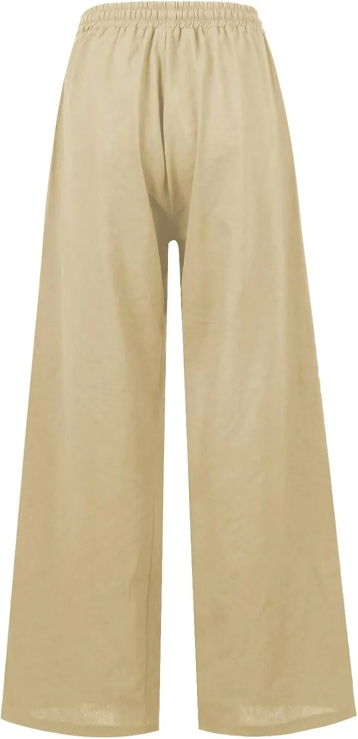 Wide Leg Linen Pants for Women Summer Casual Straight Leg Baggy Pants Lightweight High Waisted Trousers with Pockets