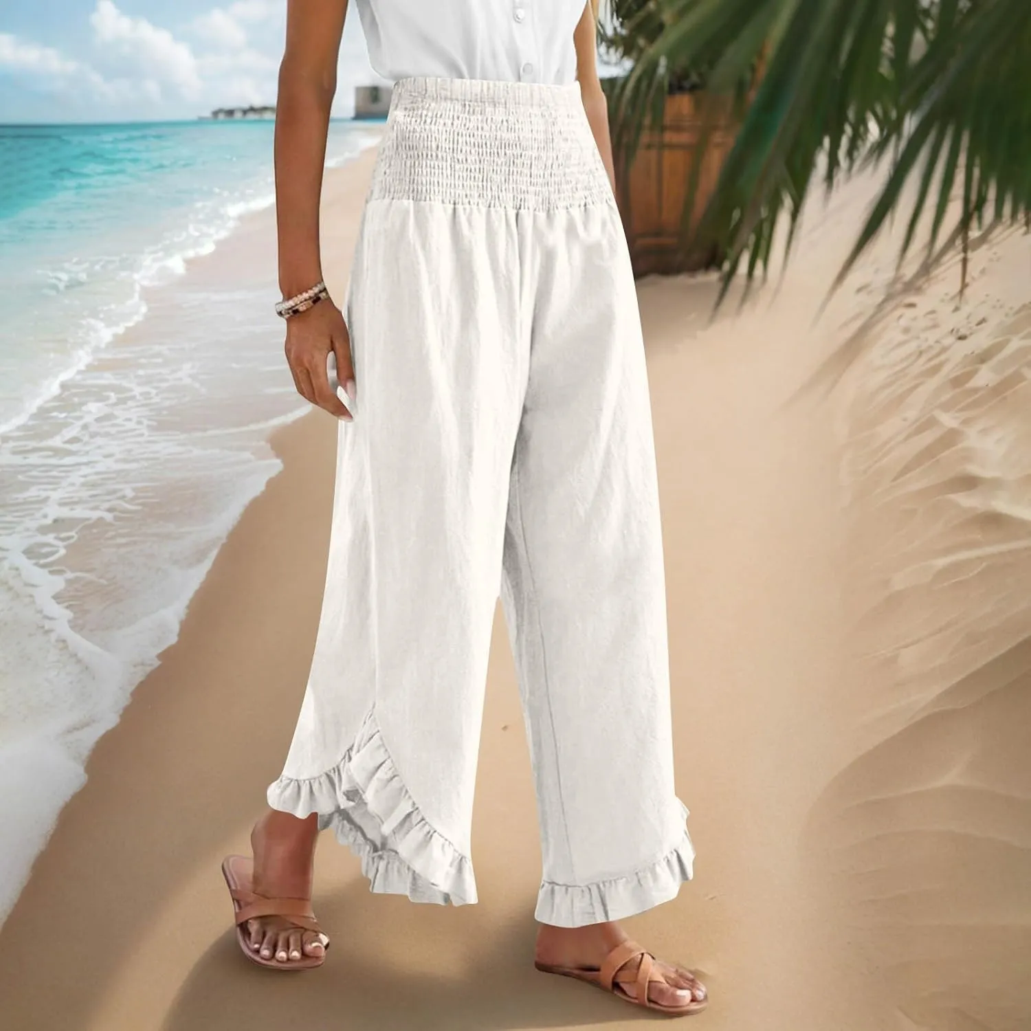 Wide Leg Pants Woman,High Waisted Flowy Pants for Women Ruffle Hem Cropped Elastic Waist Beach Office Boho Trousers