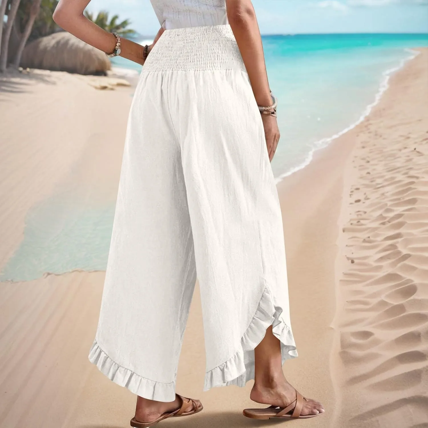 Wide Leg Pants Woman,High Waisted Flowy Pants for Women Ruffle Hem Cropped Elastic Waist Beach Office Boho Trousers