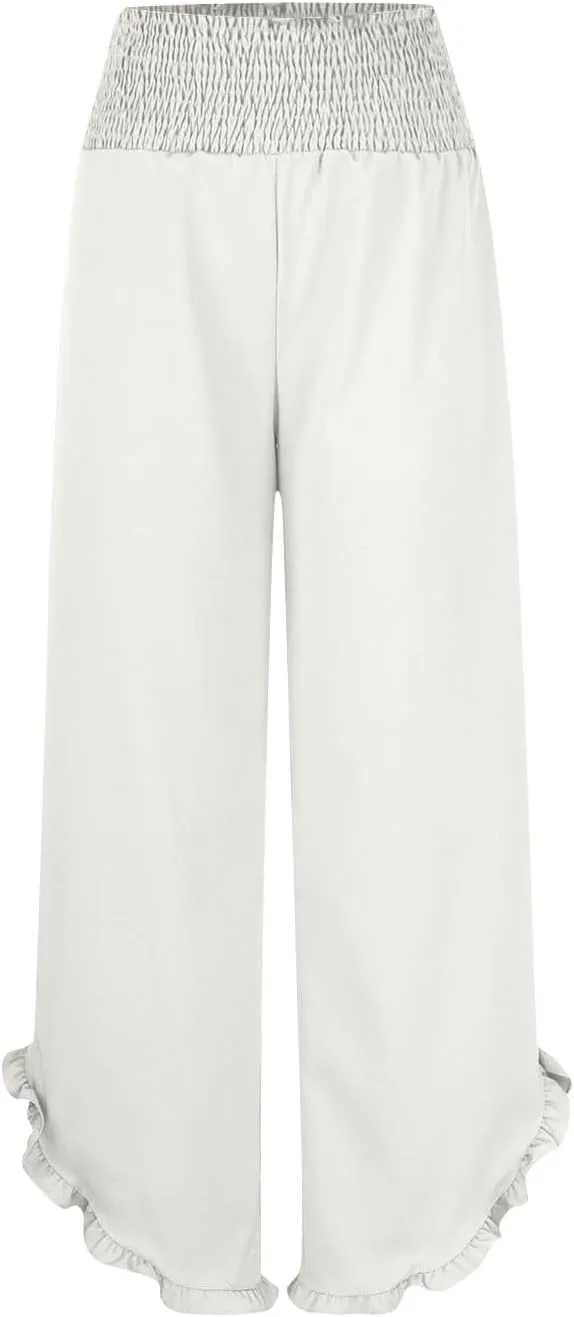 Wide Leg Pants Woman,High Waisted Flowy Pants for Women Ruffle Hem Cropped Elastic Waist Beach Office Boho Trousers
