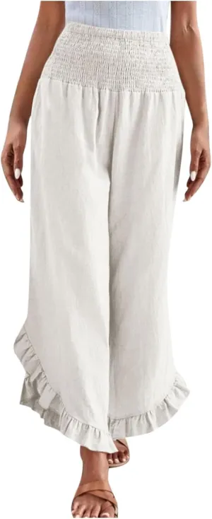 Wide Leg Pants Woman,High Waisted Flowy Pants for Women Ruffle Hem Cropped Elastic Waist Beach Office Boho Trousers