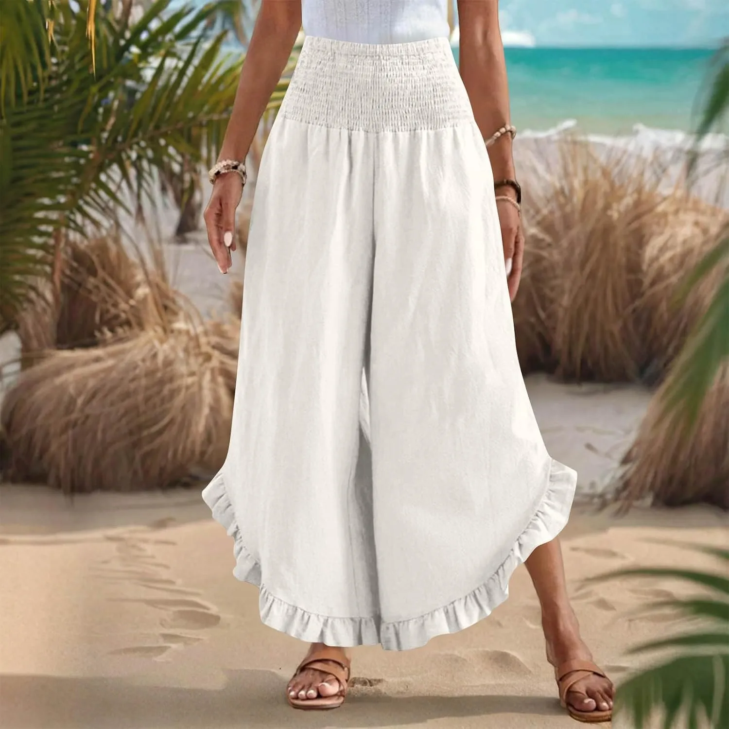 Wide Leg Pants Woman,High Waisted Flowy Pants for Women Ruffle Hem Cropped Elastic Waist Beach Office Boho Trousers