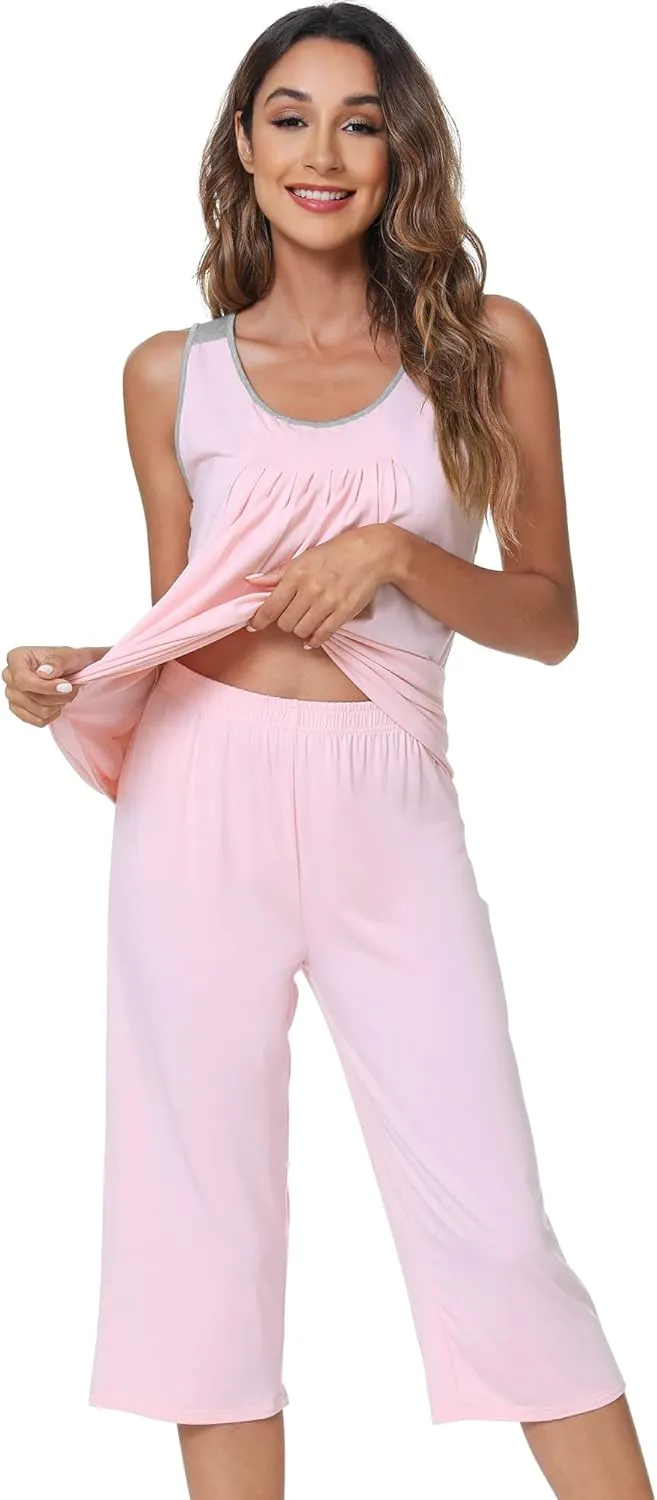 WiWi Pajamas Set for Women Sleeveless Tank Tops Capri Pants Pjs Sets Sleepwear Lightweight Loungewear S-XXL