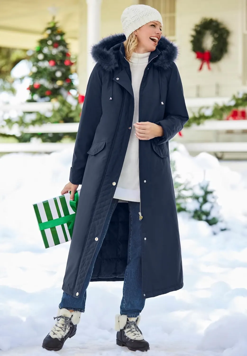 Woman Within Plus Size Long Hooded Dtm Faux Down Parka Coat