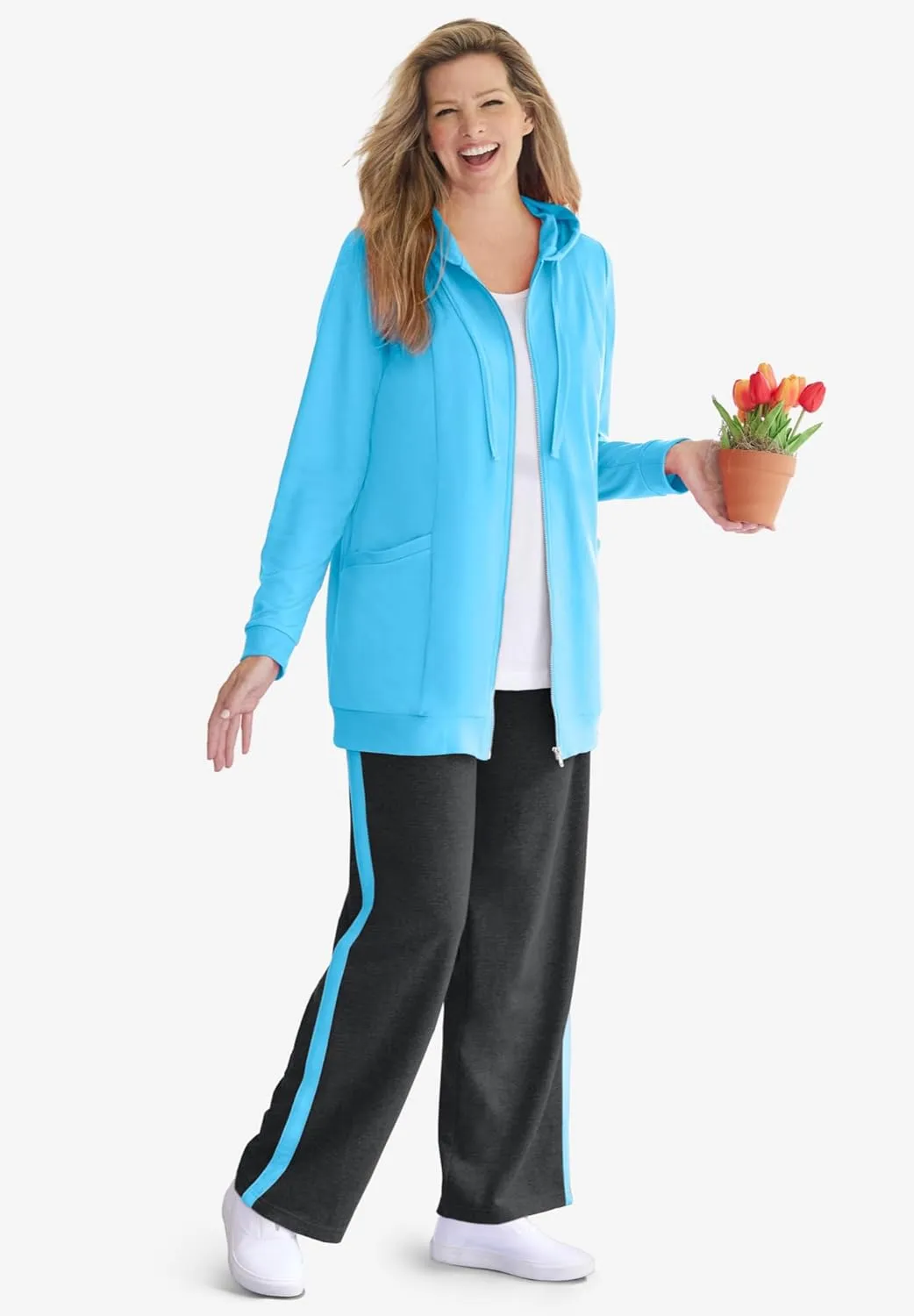 Woman Within Plus Size Zip Front Hoodie Jacket Long Oversized Fleece Jacket