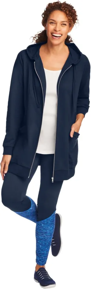 Woman Within Plus Size Zip Front Hoodie Jacket Long Oversized Fleece Jacket