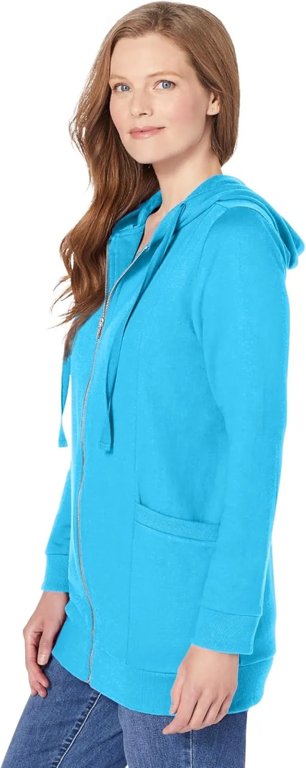 Woman Within Plus Size Zip Front Hoodie Jacket Long Oversized Fleece Jacket