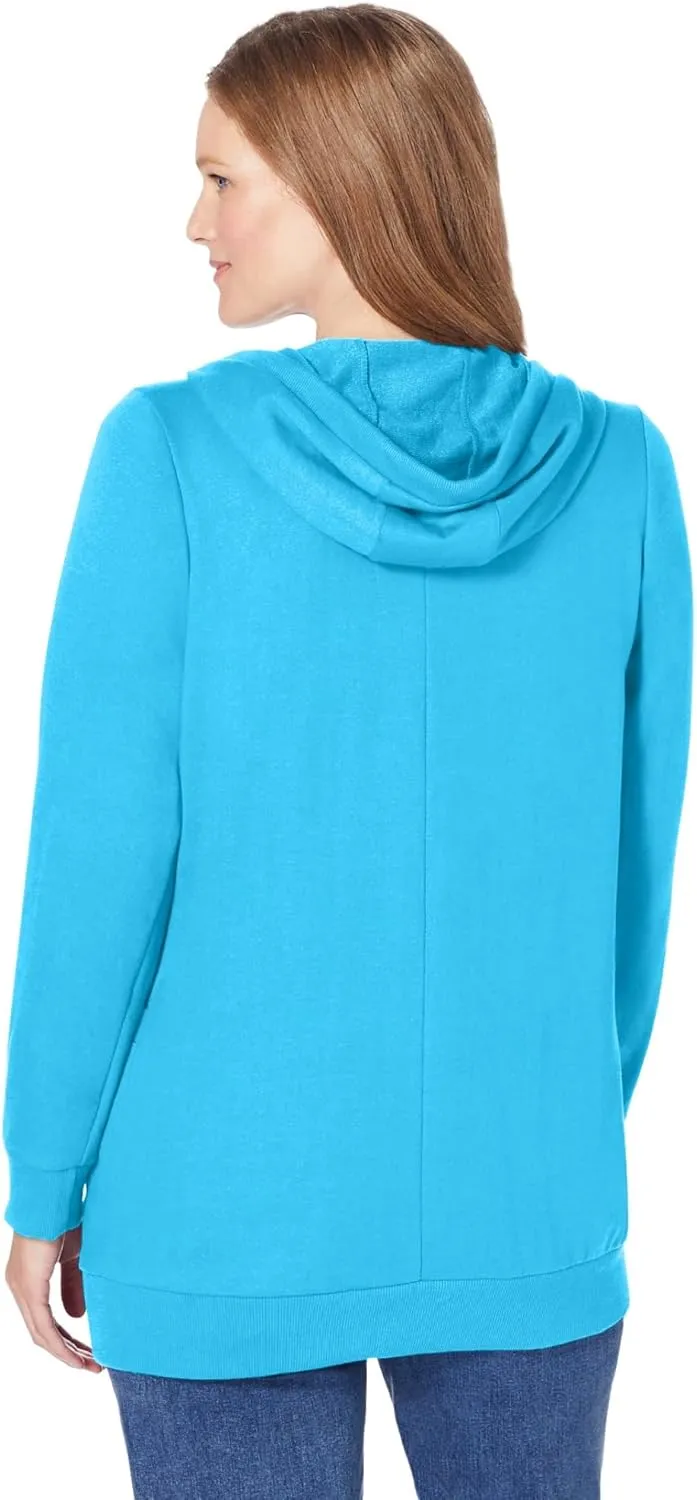 Woman Within Plus Size Zip Front Hoodie Jacket Long Oversized Fleece Jacket