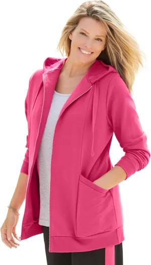 Woman Within Plus Size Zip Front Hoodie Jacket Long Oversized Fleece Jacket