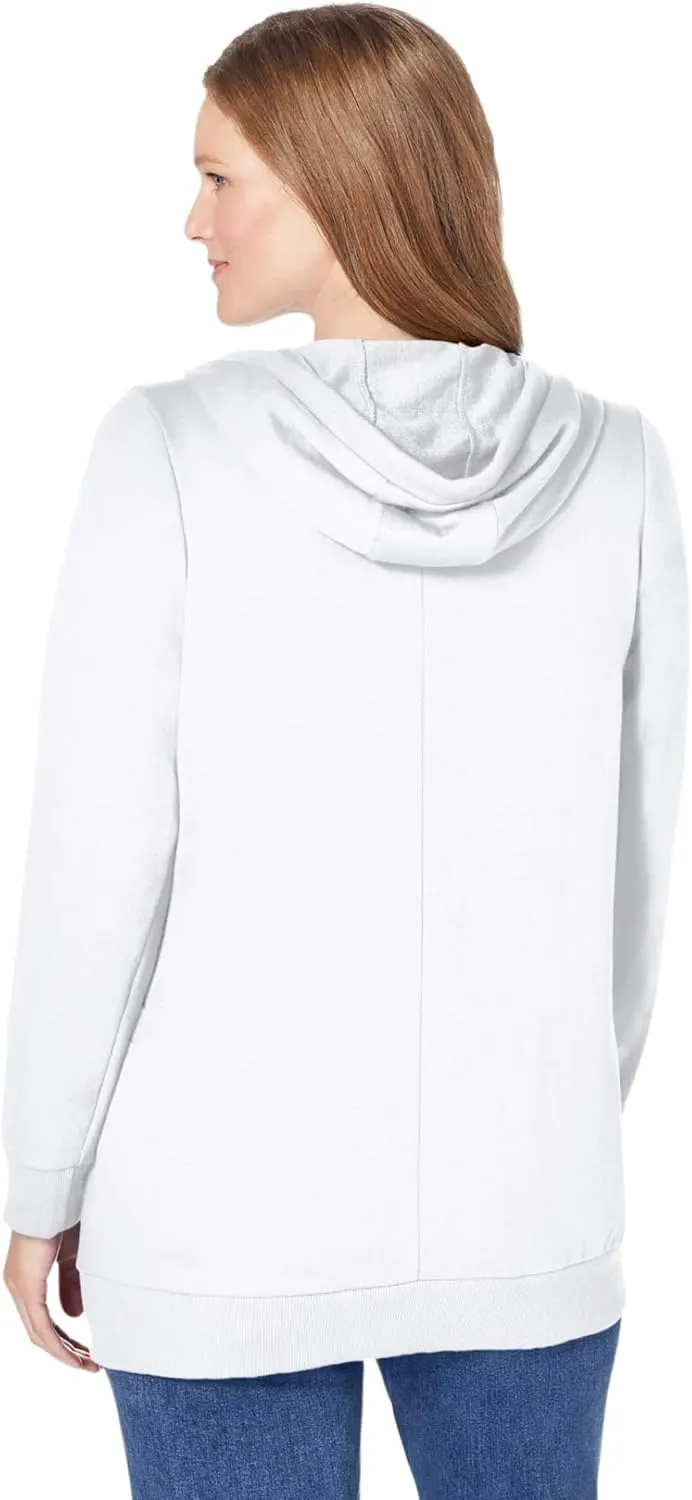 Woman Within Plus Size Zip Front Hoodie Jacket Long Oversized Fleece Jacket