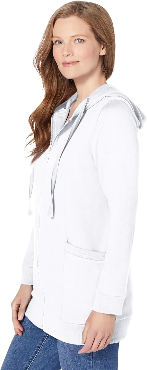 Woman Within Plus Size Zip Front Hoodie Jacket Long Oversized Fleece Jacket