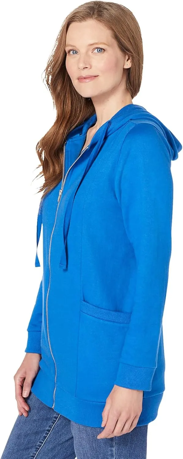 Woman Within Plus Size Zip Front Hoodie Jacket Long Oversized Fleece Jacket