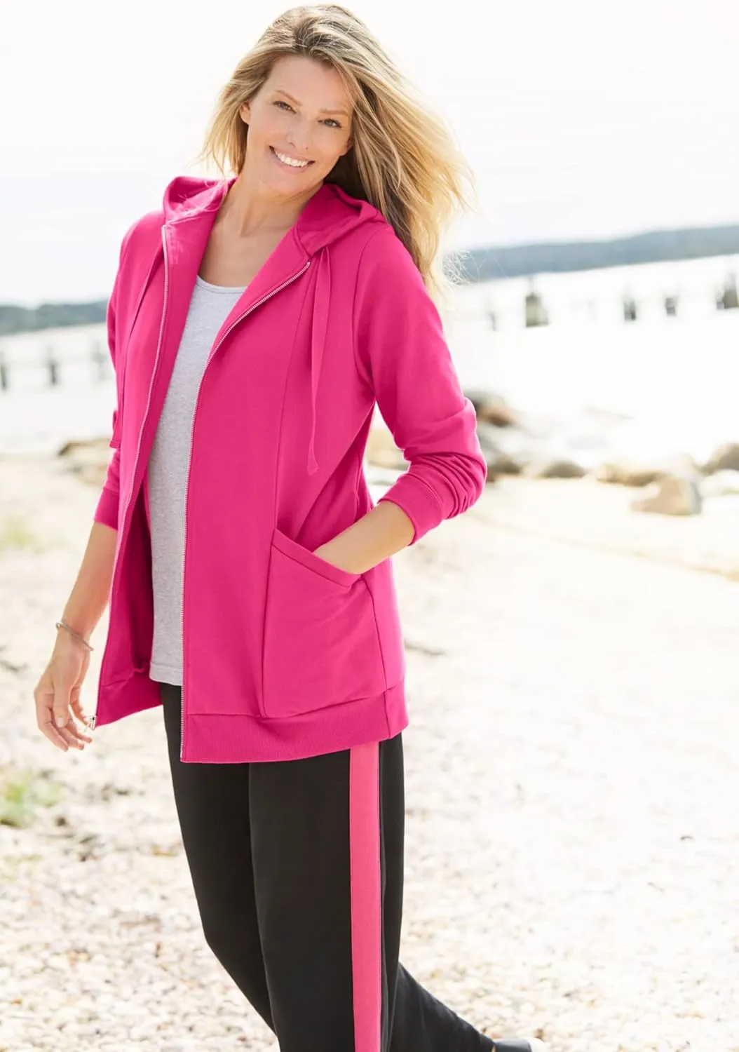 Woman Within Plus Size Zip Front Hoodie Jacket Long Oversized Fleece Jacket