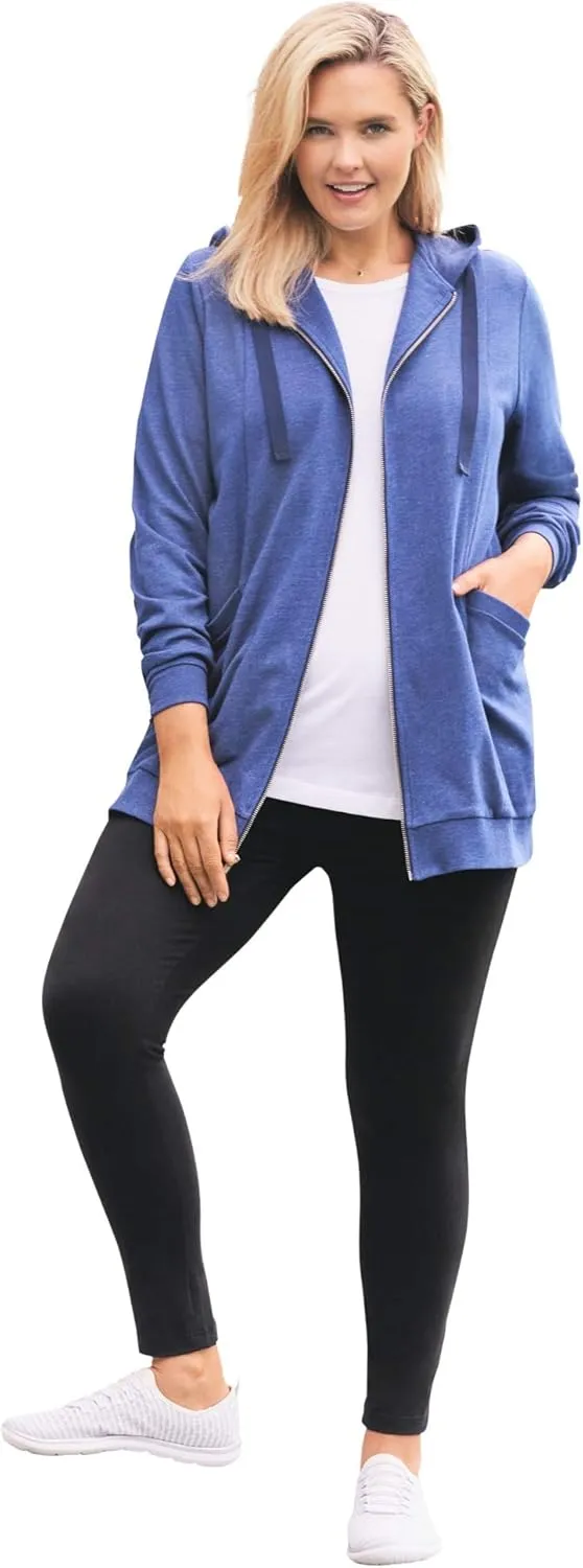 Woman Within Plus Size Zip Front Hoodie Jacket Long Oversized Fleece Jacket