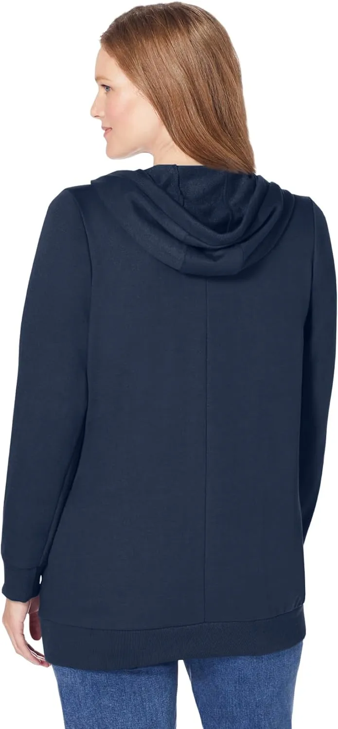 Woman Within Plus Size Zip Front Hoodie Jacket Long Oversized Fleece Jacket