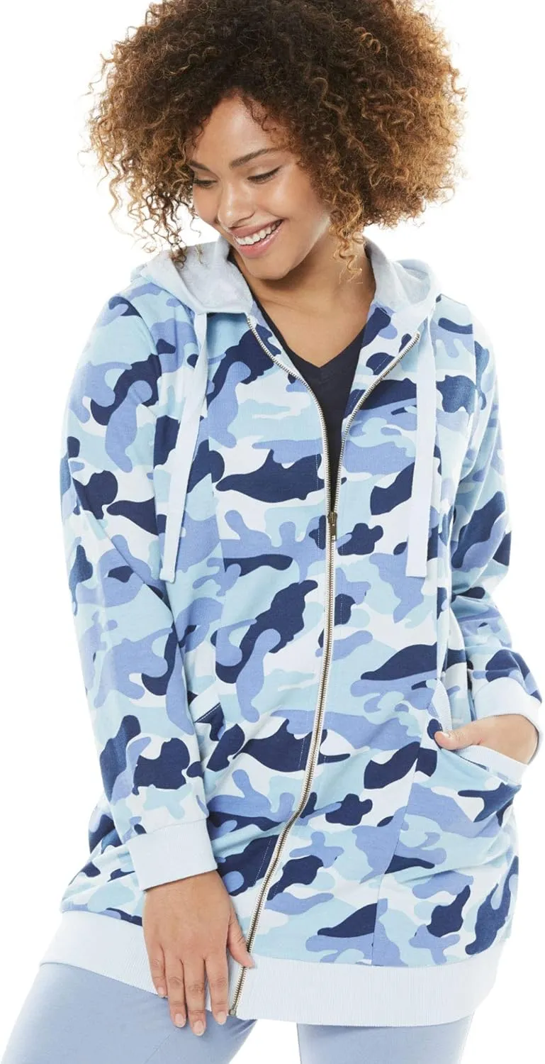 Woman Within Plus Size Zip Front Hoodie Jacket Long Oversized Fleece Jacket