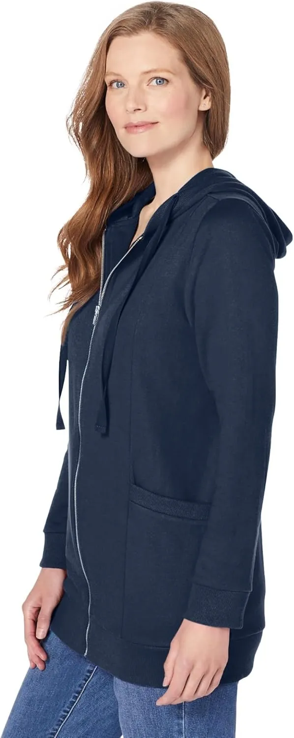 Woman Within Plus Size Zip Front Hoodie Jacket Long Oversized Fleece Jacket