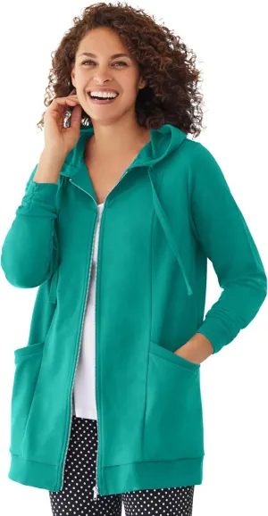Woman Within Plus Size Zip Front Hoodie Jacket Long Oversized Fleece Jacket