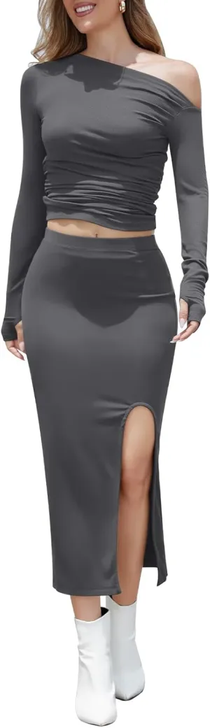 Women 2 Piece Skirt Set Casual Off Shoulder Long Sleeve Tops High Waist Midi Bodycon Skirts Slit