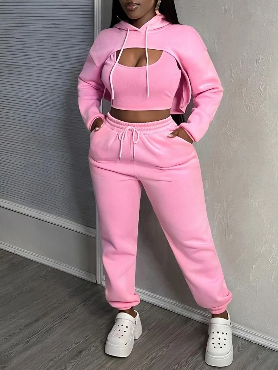 Women 3 Piece Sweatsuit Set Sexy Long Sleeve Pullover Cropped Hoodie Tank Top and Jogger Sweatpants Tracksuit