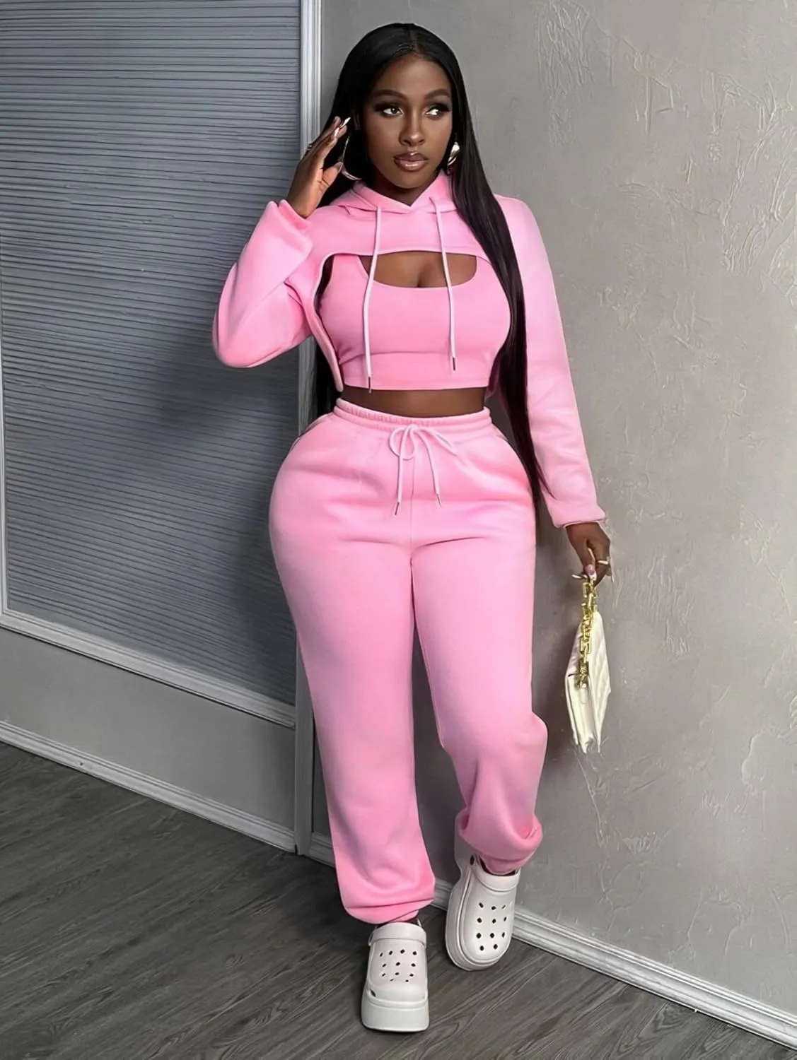 Women 3 Piece Sweatsuit Set Sexy Long Sleeve Pullover Cropped Hoodie Tank Top and Jogger Sweatpants Tracksuit