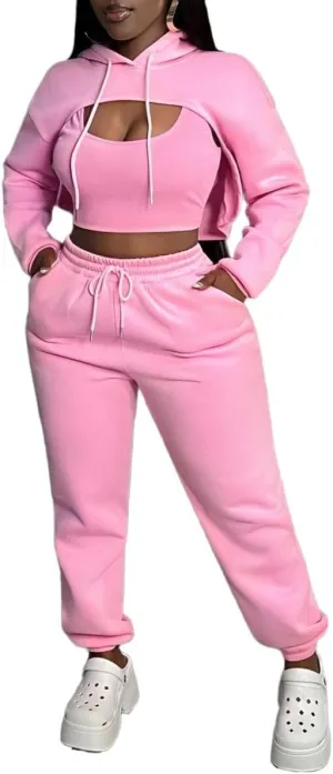 Women 3 Piece Sweatsuit Set Sexy Long Sleeve Pullover Cropped Hoodie Tank Top and Jogger Sweatpants Tracksuit