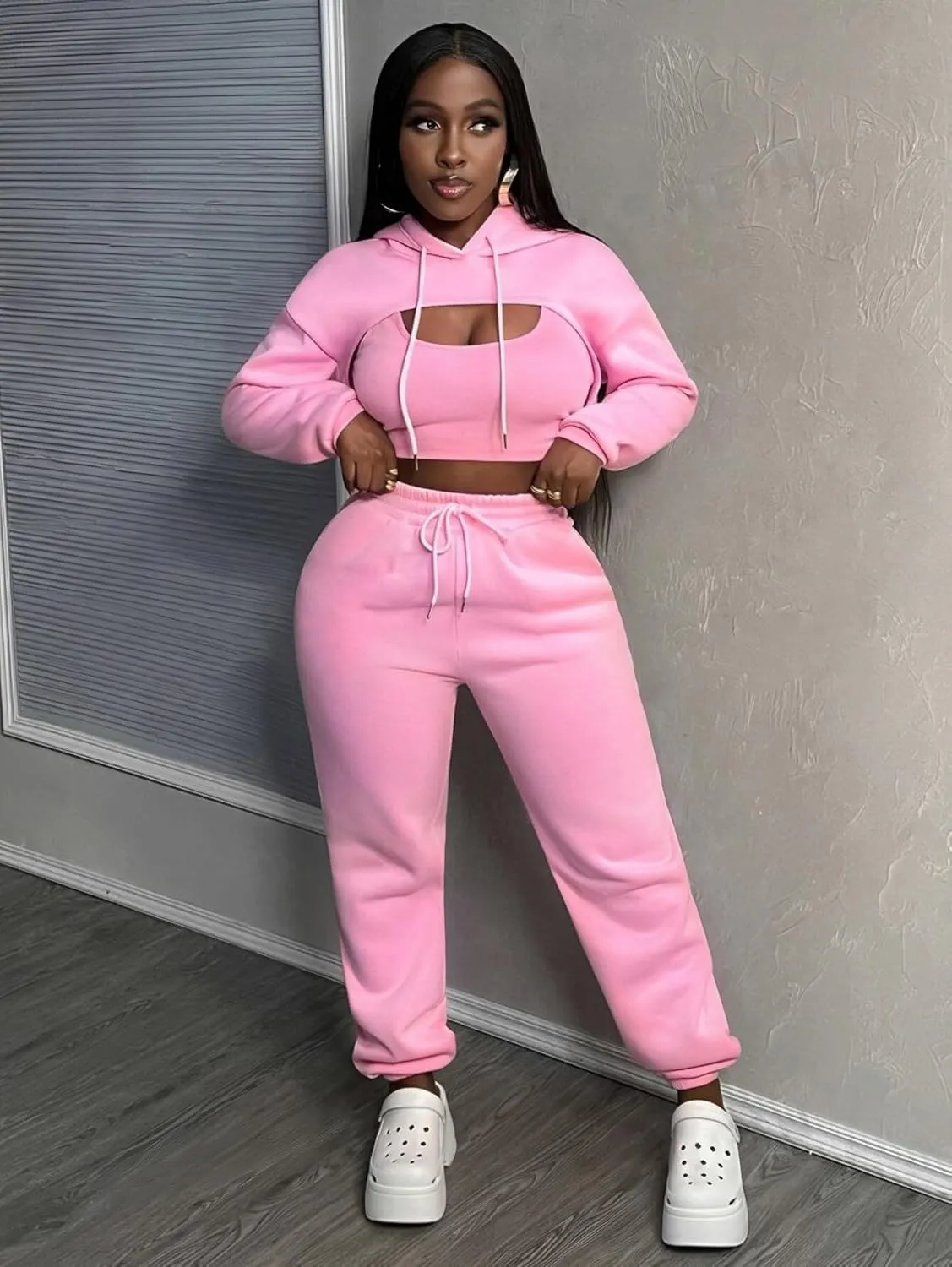 Women 3 Piece Sweatsuit Set Sexy Long Sleeve Pullover Cropped Hoodie Tank Top and Jogger Sweatpants Tracksuit