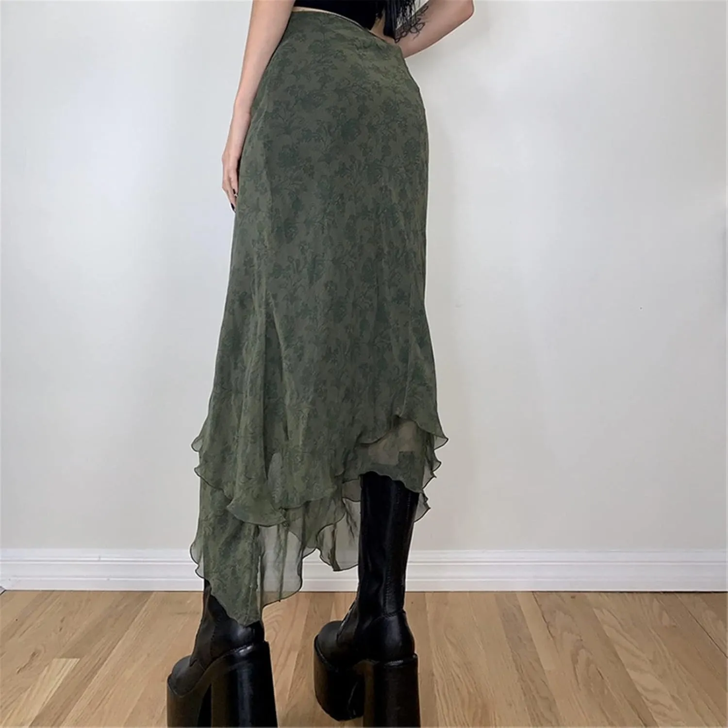 Women A Line Midi Skirt Aesthetics Printing High Waist Long Skirt Vintage Casual Maxi Skirts Grunge Streetwear