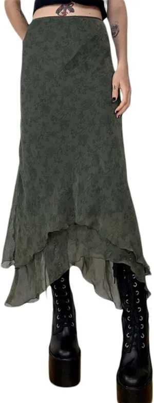 Women A Line Midi Skirt Aesthetics Printing High Waist Long Skirt Vintage Casual Maxi Skirts Grunge Streetwear