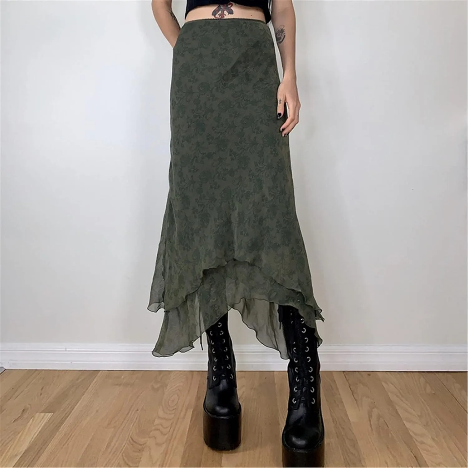 Women A Line Midi Skirt Aesthetics Printing High Waist Long Skirt Vintage Casual Maxi Skirts Grunge Streetwear