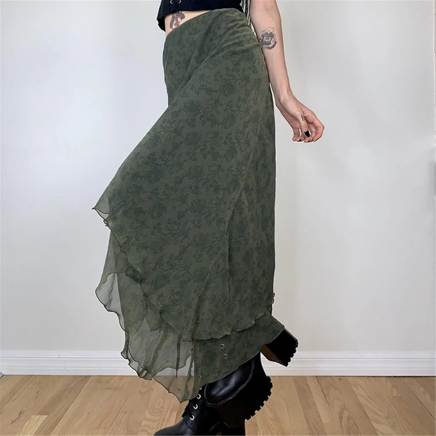 Women A Line Midi Skirt Aesthetics Printing High Waist Long Skirt Vintage Casual Maxi Skirts Grunge Streetwear
