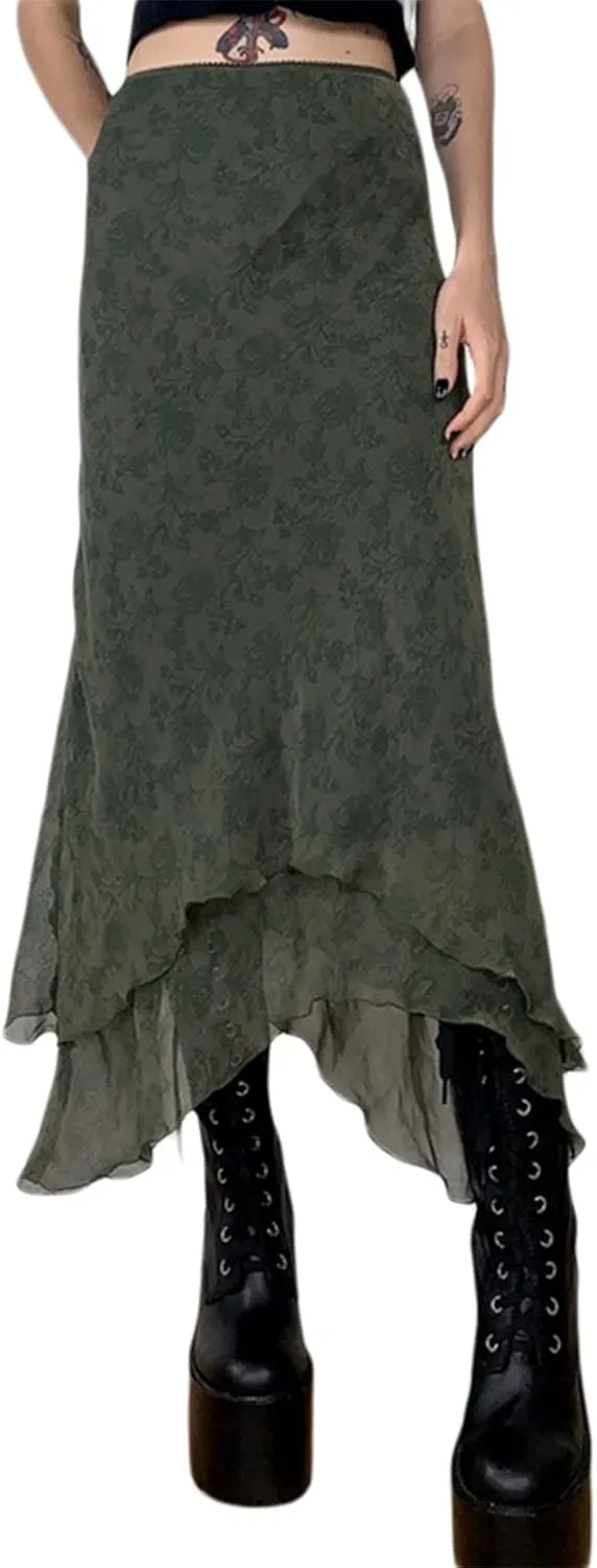 Women A Line Midi Skirt Aesthetics Printing High Waist Long Skirt Vintage Casual Maxi Skirts Grunge Streetwear