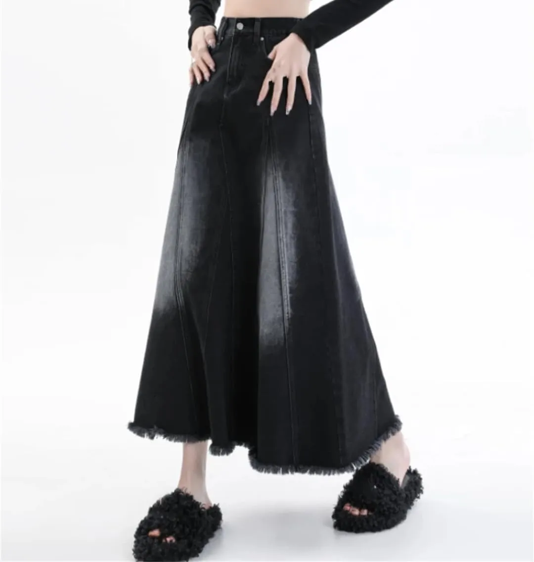 Women A-Line Skirts Black Denim Tassels Loose Fashion High Waisted Skirts