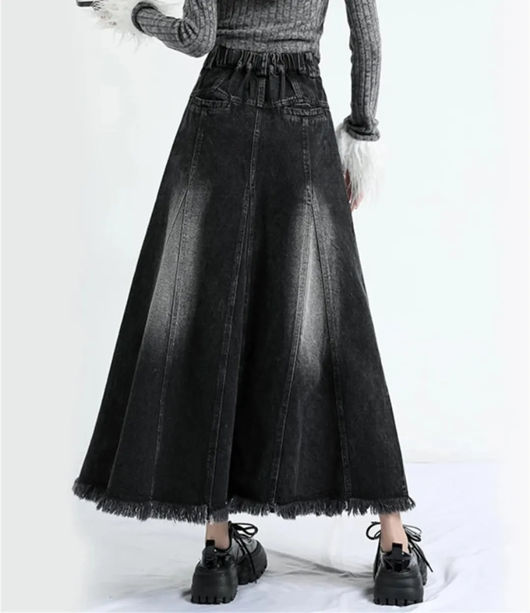 Women A-Line Skirts Black Denim Tassels Loose Fashion High Waisted Skirts