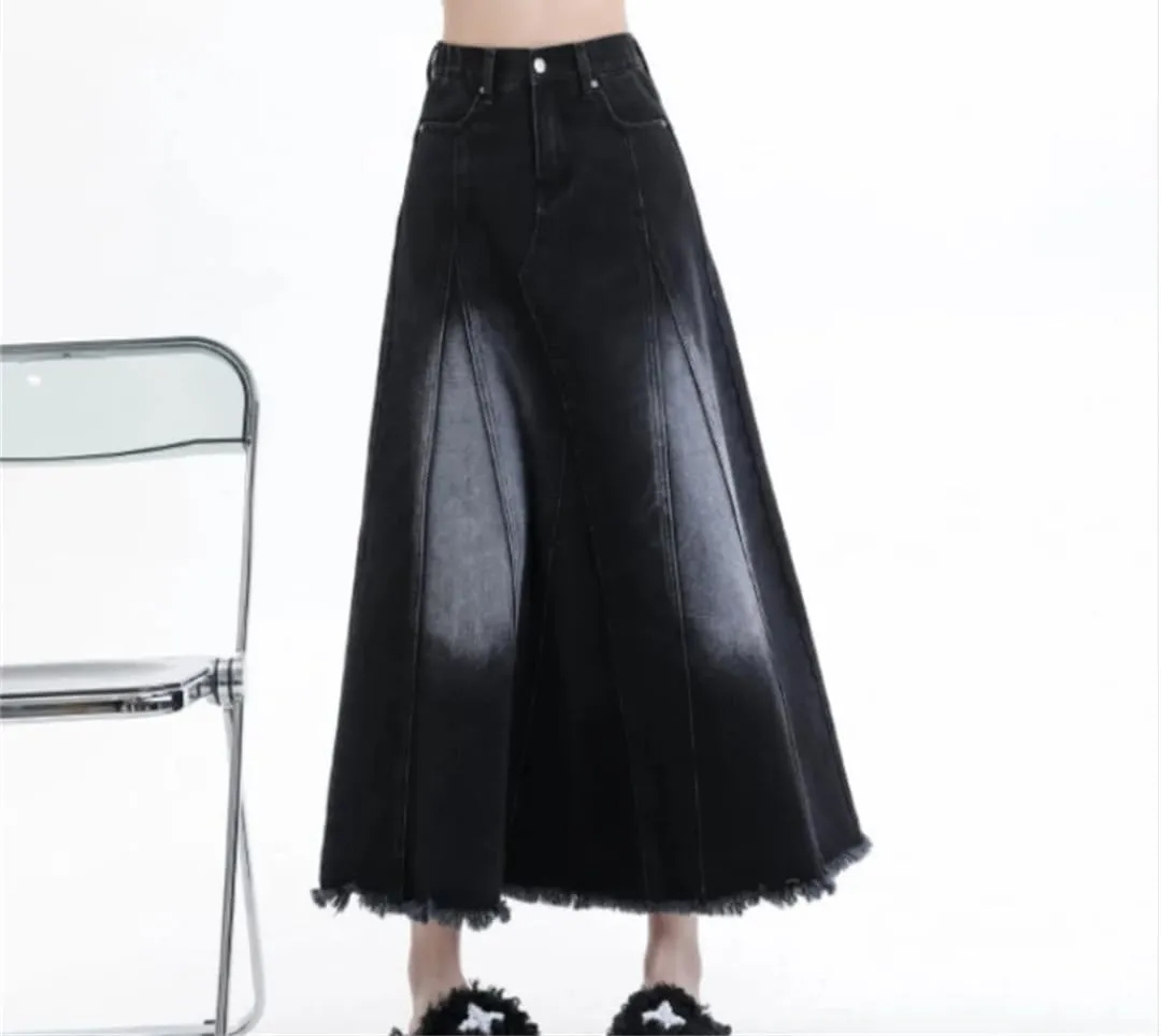 Women A-Line Skirts Black Denim Tassels Loose Fashion High Waisted Skirts