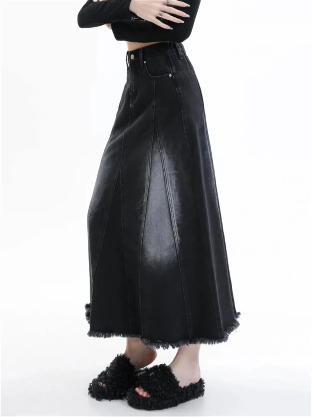 Women A-Line Skirts Black Denim Tassels Loose Fashion High Waisted Skirts