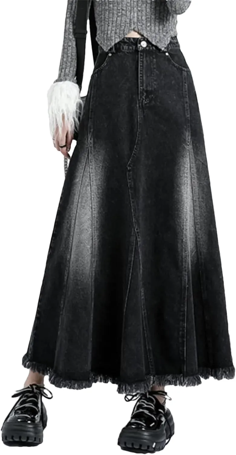 Women A-Line Skirts Black Denim Tassels Loose Fashion High Waisted Skirts