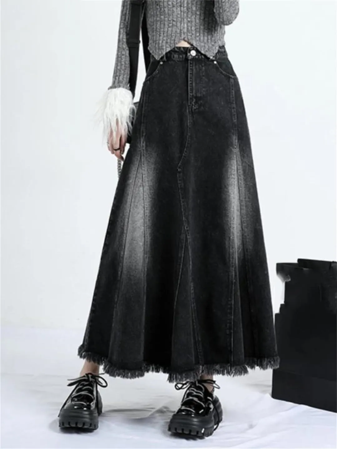 Women A-Line Skirts Black Denim Tassels Loose Fashion High Waisted Skirts