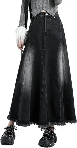 Women A-Line Skirts Black Denim Tassels Loose Fashion High Waisted Skirts