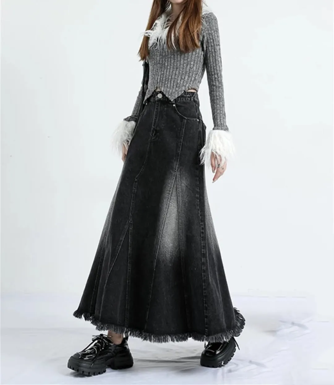 Women A-Line Skirts Black Denim Tassels Loose Fashion High Waisted Skirts