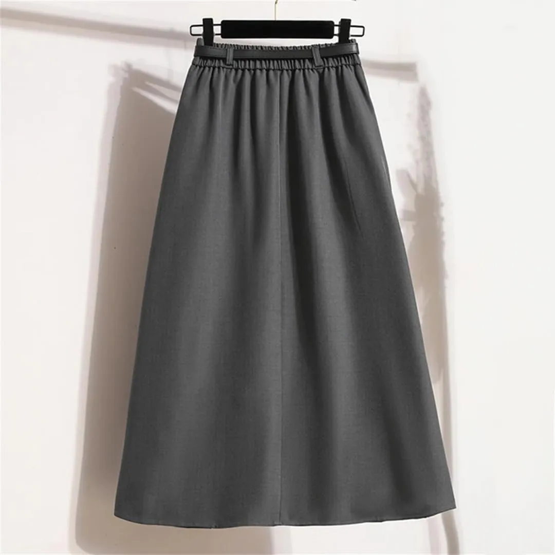 Women Belt Pleated Skirt Summer High Waist Solid Color Falling A Line Mid Calf Skirt