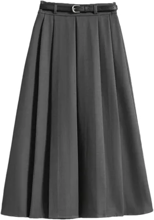 Women Belt Pleated Skirt Summer High Waist Solid Color Falling A Line Mid Calf Skirt