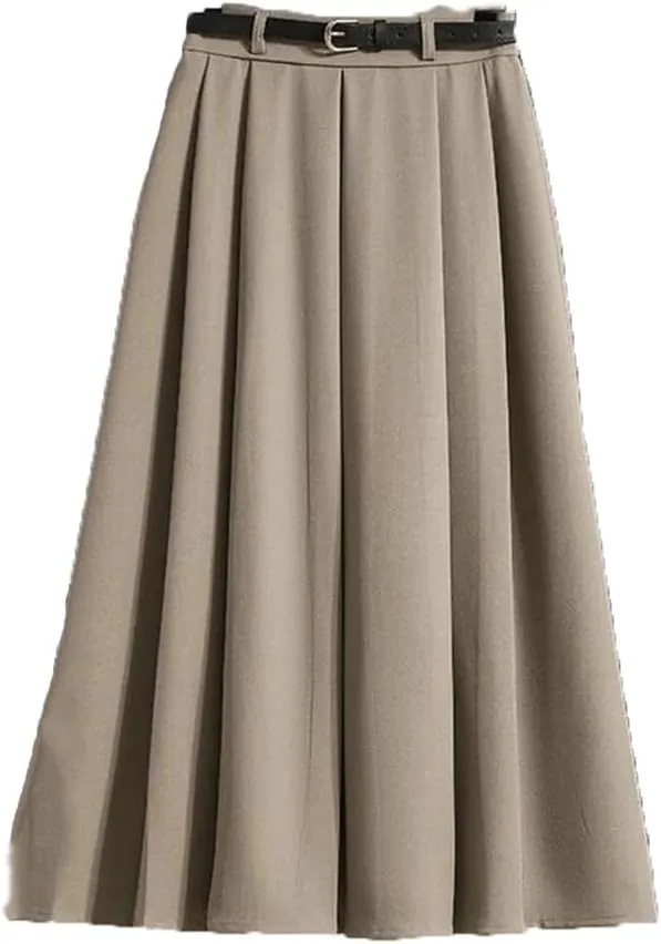 Women Belt Pleated Skirt Summer High Waist Solid Color Falling A Line Mid Calf Skirt
