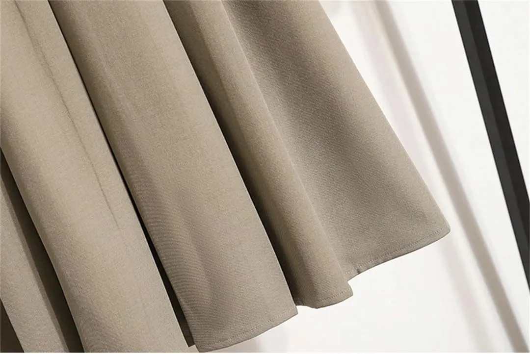Women Belt Pleated Skirt Summer High Waist Solid Color Falling A Line Mid Calf Skirt