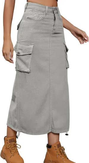 Women Denim Cargo Long Skirts High Waisted Pencil Skirt Midi Length Jean Skirt with Cargo Pockets