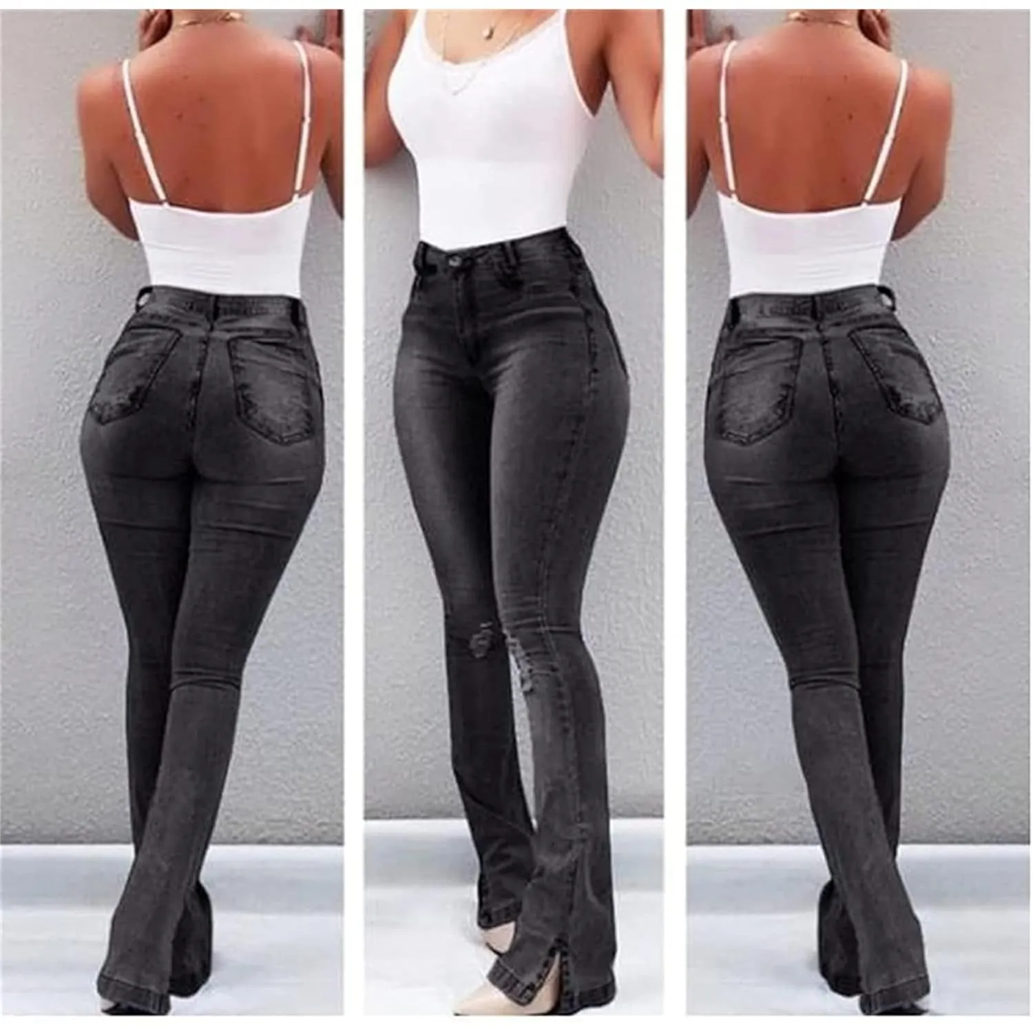 Women High Waisted Split Hem Flared Denim Pants Skinny Ripped Bell Bottom Jeans Distressed Wide Leg Jean Trouser (Black,Large)