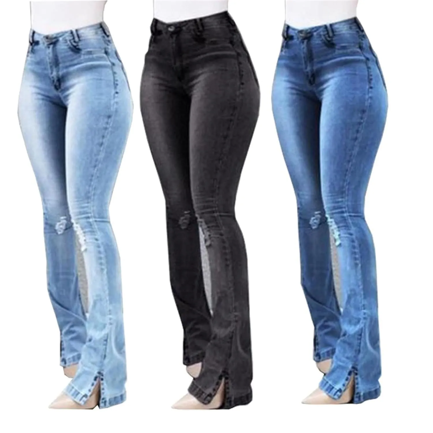 Women High Waisted Split Hem Flared Denim Pants Skinny Ripped Bell Bottom Jeans Distressed Wide Leg Jean Trouser (Black,Large)